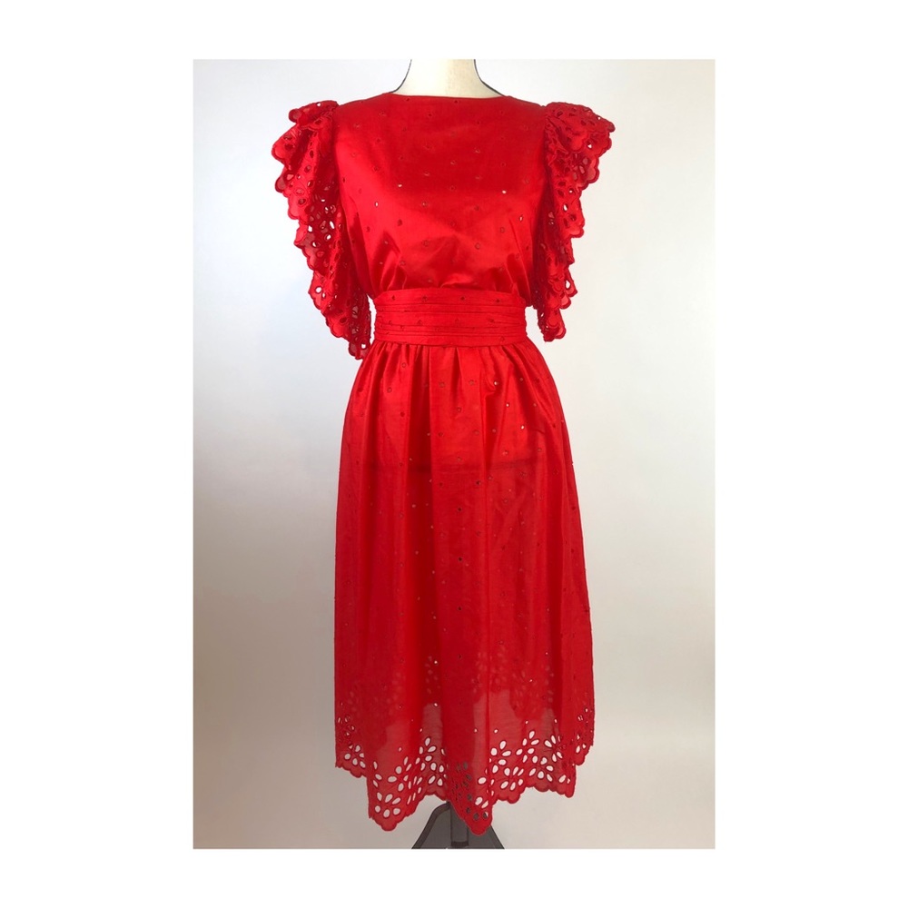 Vintage Brenner Red Eyelet Flutter Midi Dress